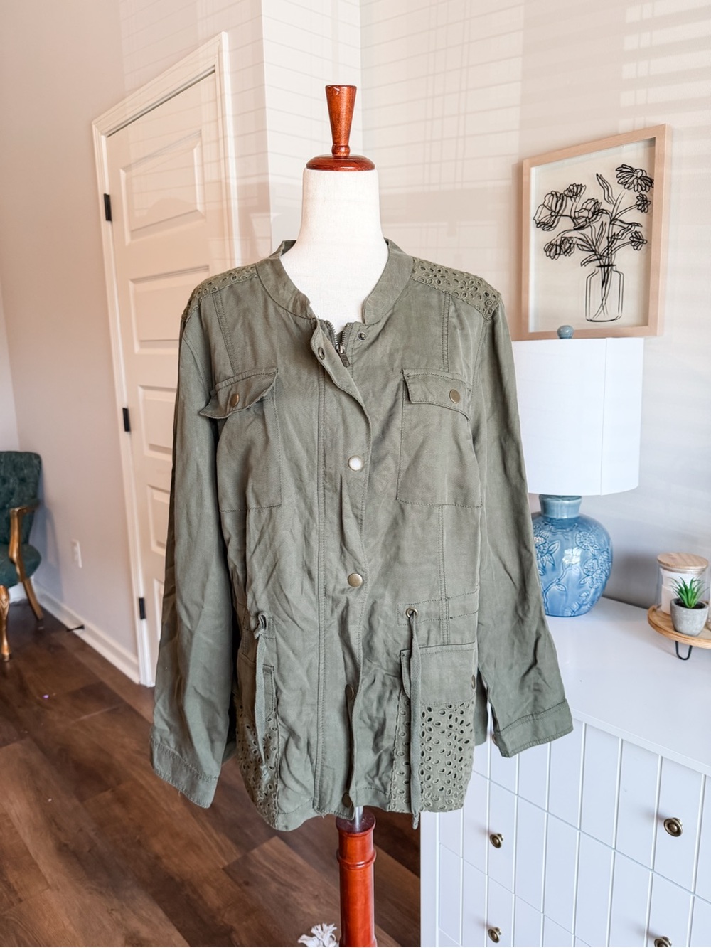 Olive Utility Jacket with Eyelet Detail - Women